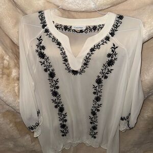 Calvin Klein Sheer White Blouse with Black Embroidery